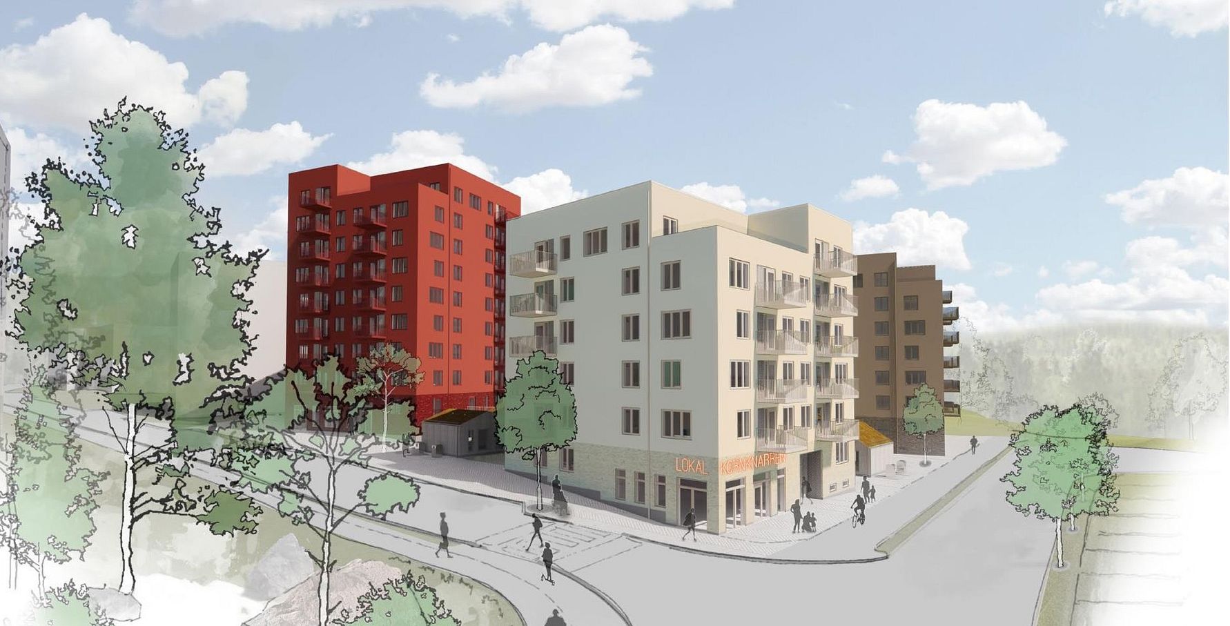 Illustration av ett bostadsområde med flerfamiljshus i olika färger, omgivna av träd och gångvägar under en ljus himmel