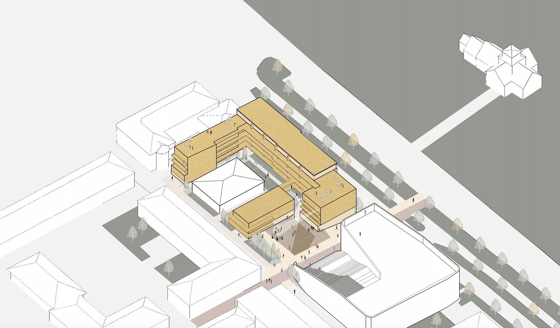 Illustration av en byggnadsplan med guldaktiga strukturer, omgiven av grönområden och angränsande byggnader i vitt