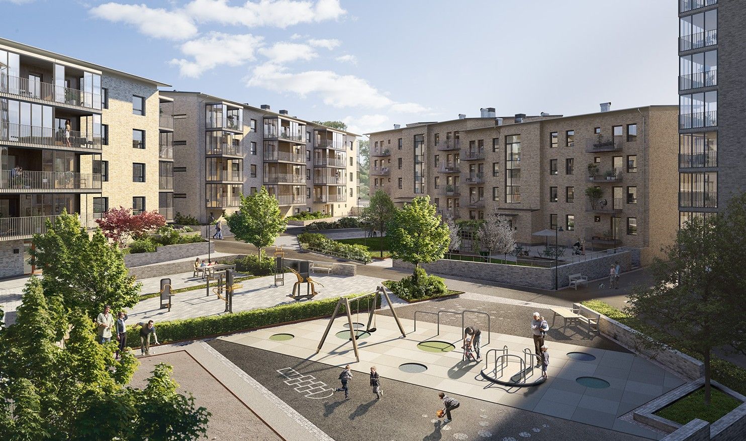 Nybyggda flerfamiljshus med modern arkitektur kring en gård med lekplats, grönytor och träd under en klarblå himmel