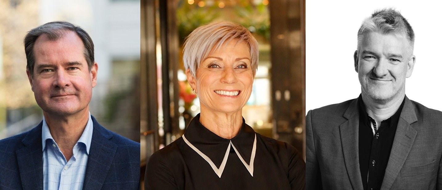 Tre personer i formella kläder, fotograferade mot olika bakgrunder; en utomhus, en framför en dekorativ inomhusmiljö och en på en neutral bakgrund