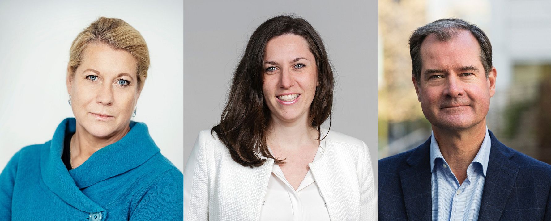 Tre personer fotograferade individuellt: en person i blå tröja, en person i vit kavaj, och en person i blå kavaj och skjorta. Bakgrunderna varierar mellan enfärgade och utomhusmiljö