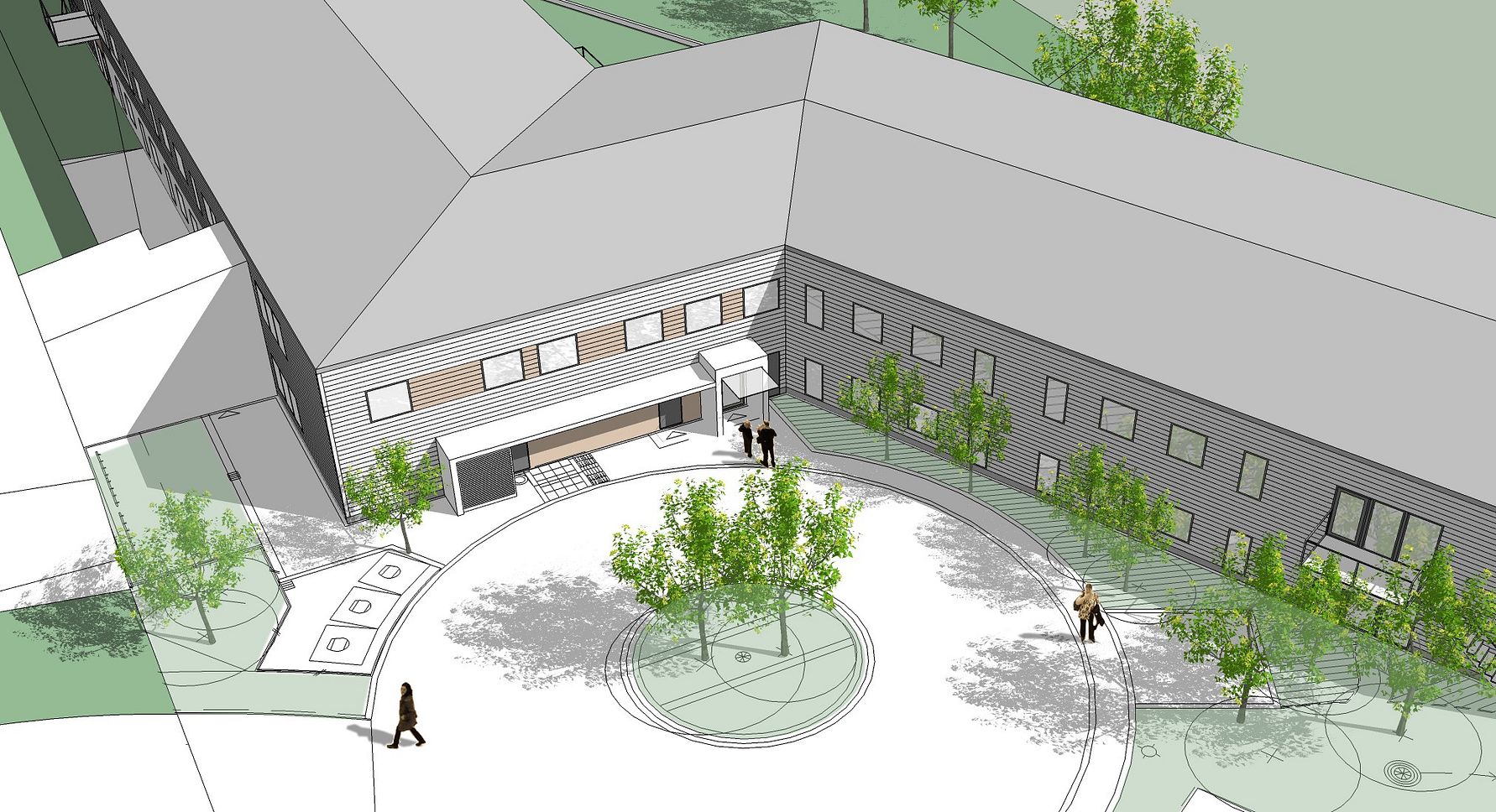 Illustration av en byggnad i modern arkitektur med en innergård fylld av träd och gångvägar, omgiven av grönska och människor som promenerar