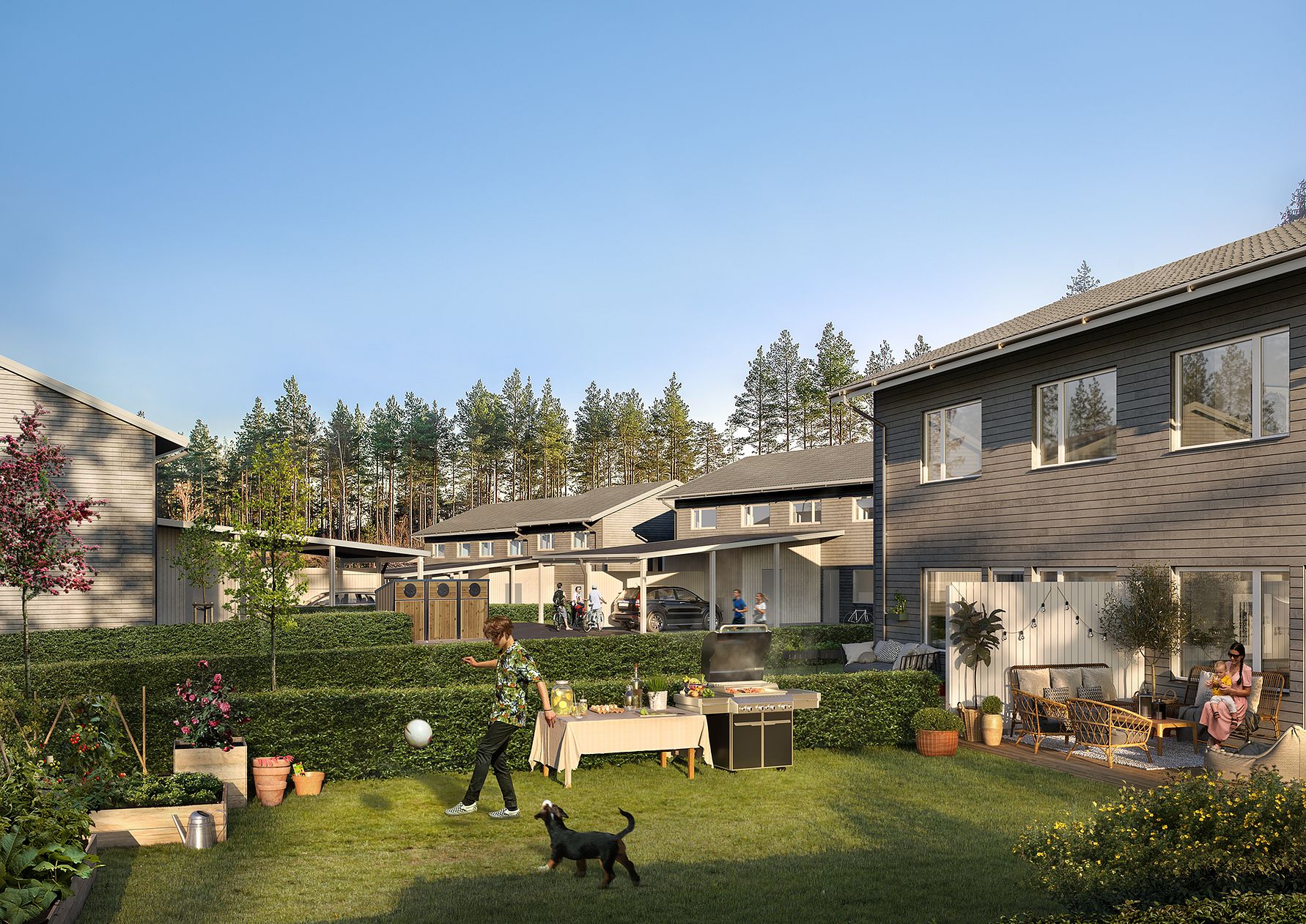 Personer som umgås i en grönskande trädgård med bord, grill och dekorationer, framför moderna radhus omgivna av träd