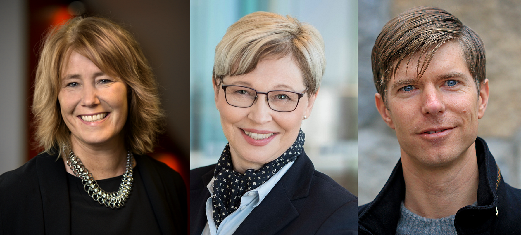 Tre personer fotograferade separat, alla med ljus bakgrund. Första personen har kort blont hår och ett svart halsband, andra personen har ljust hår och en mörk scarf, tredje personen har kort brunt hår och en mörk jacka med en grå tröja under