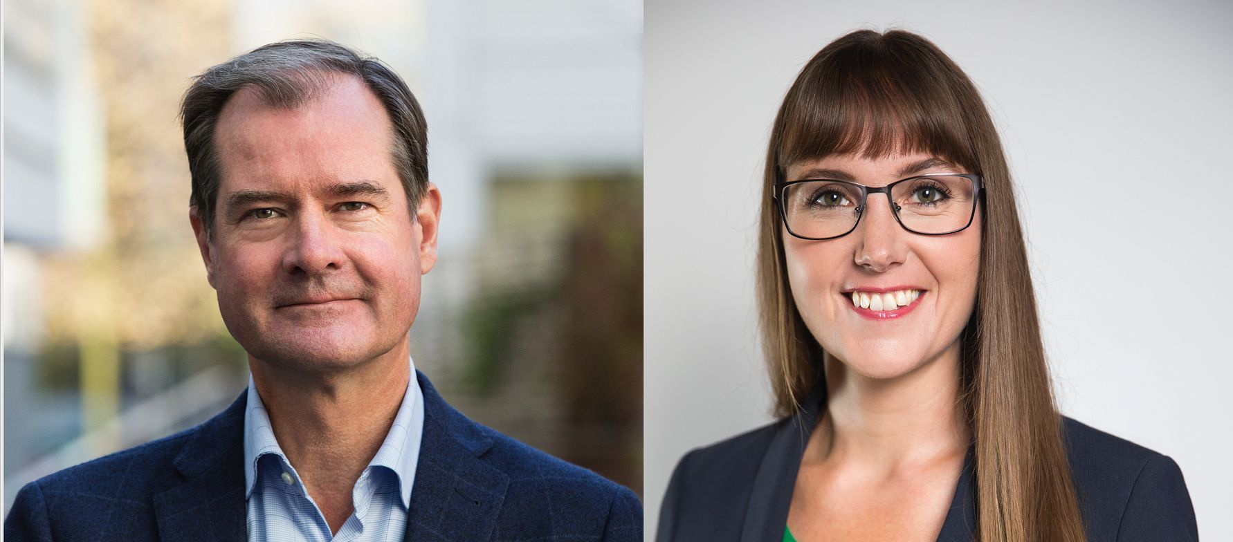 Två personer i formella kläder, en man i kostym och en kvinna i kavaj, mot suddiga bakgrunder