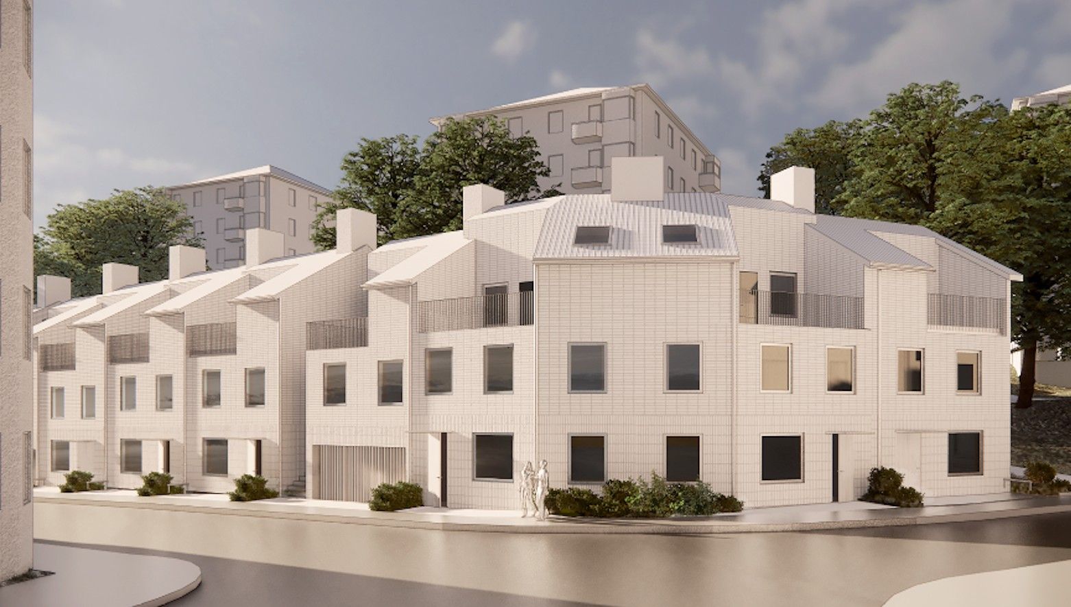 Radhus i modern arkitektur med vita fasader och stora fönster, omgivna av grönska och höghus i bakgrunden