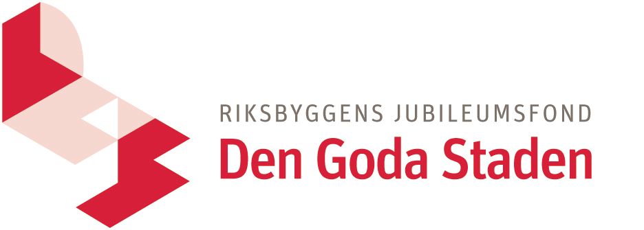 Logotyp för Riksbyggens Jubileumsfond Den Goda Staden med röd text och grafiska geometriska former i rött och vitt