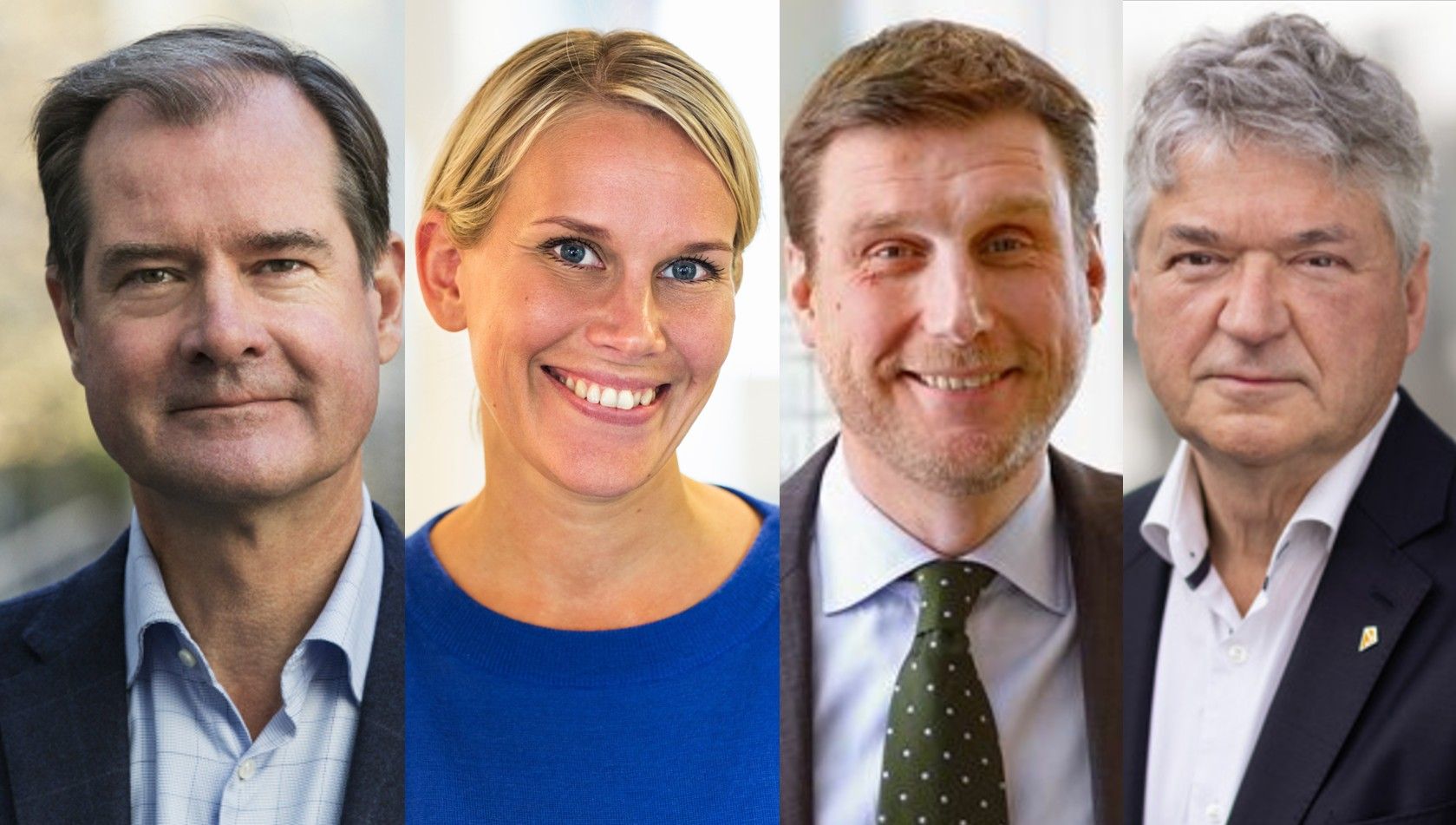 Fyra personer står bredvid varandra, klädda i formella kläder som skjortor, kavajer och en blå tröja. Bakgrunden varierar mellan inomhus och utomhus