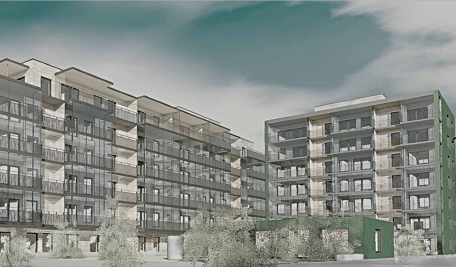 Flerfamiljshus med modern arkitektur, stora fönster och balkonger, omgiven av träd och grönska under en molnig himmel