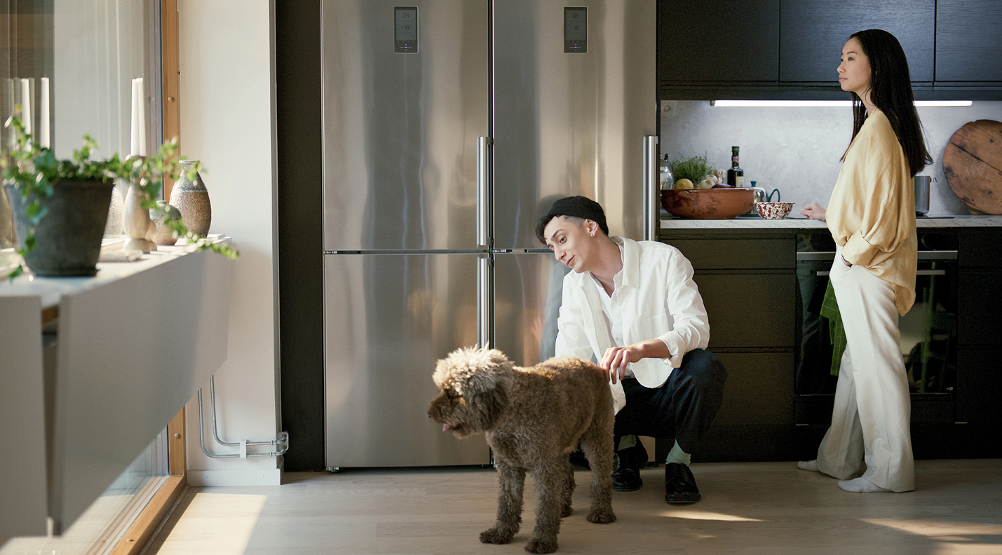Man stroking a brown dog in a modern kitchen with stainless steel refrigerator, plants on a windowsill, and a person standing in the background