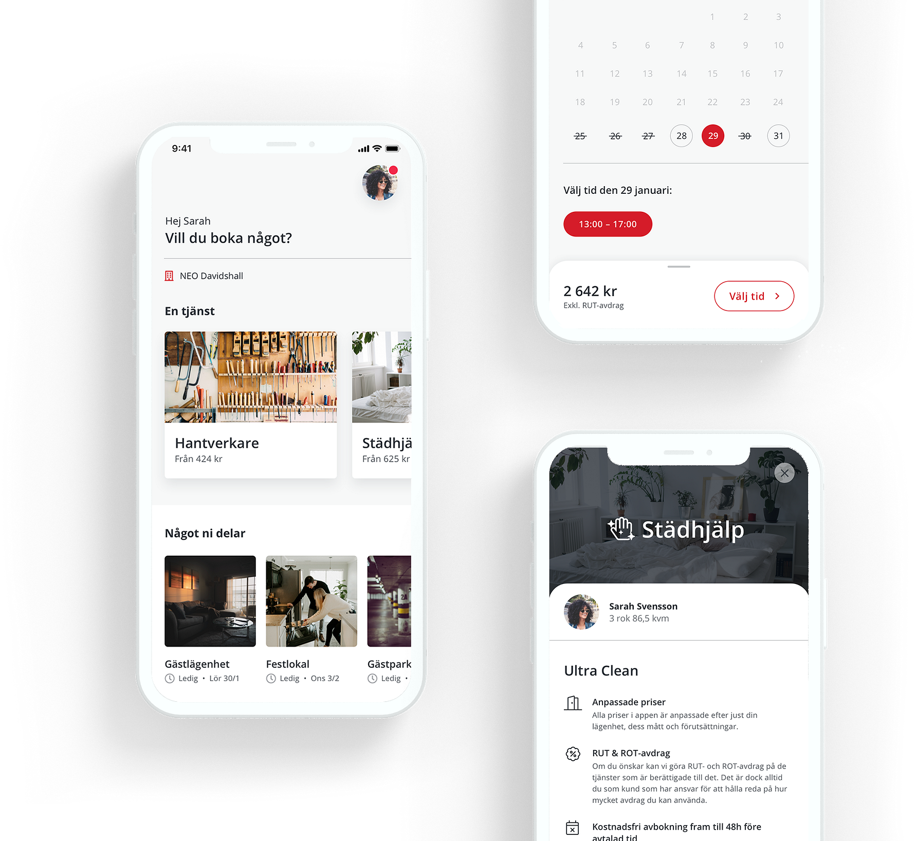 Skärmbild av en mobilapp som visar bokningsalternativ för tjänster, en kalender med datumval, och detaljer om städhjälp inklusive prisinformationen