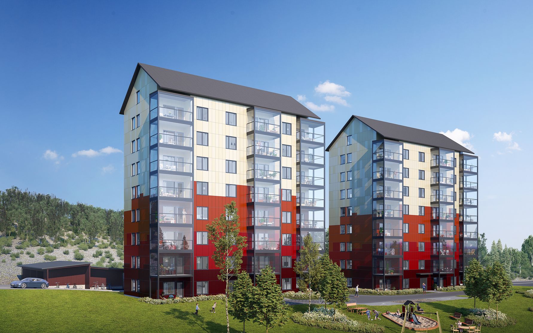 Två moderna flerfamiljshus med röda och beige fasader, stora glasbalkonger och omgiven av grönska samt lekplats i förgrunden