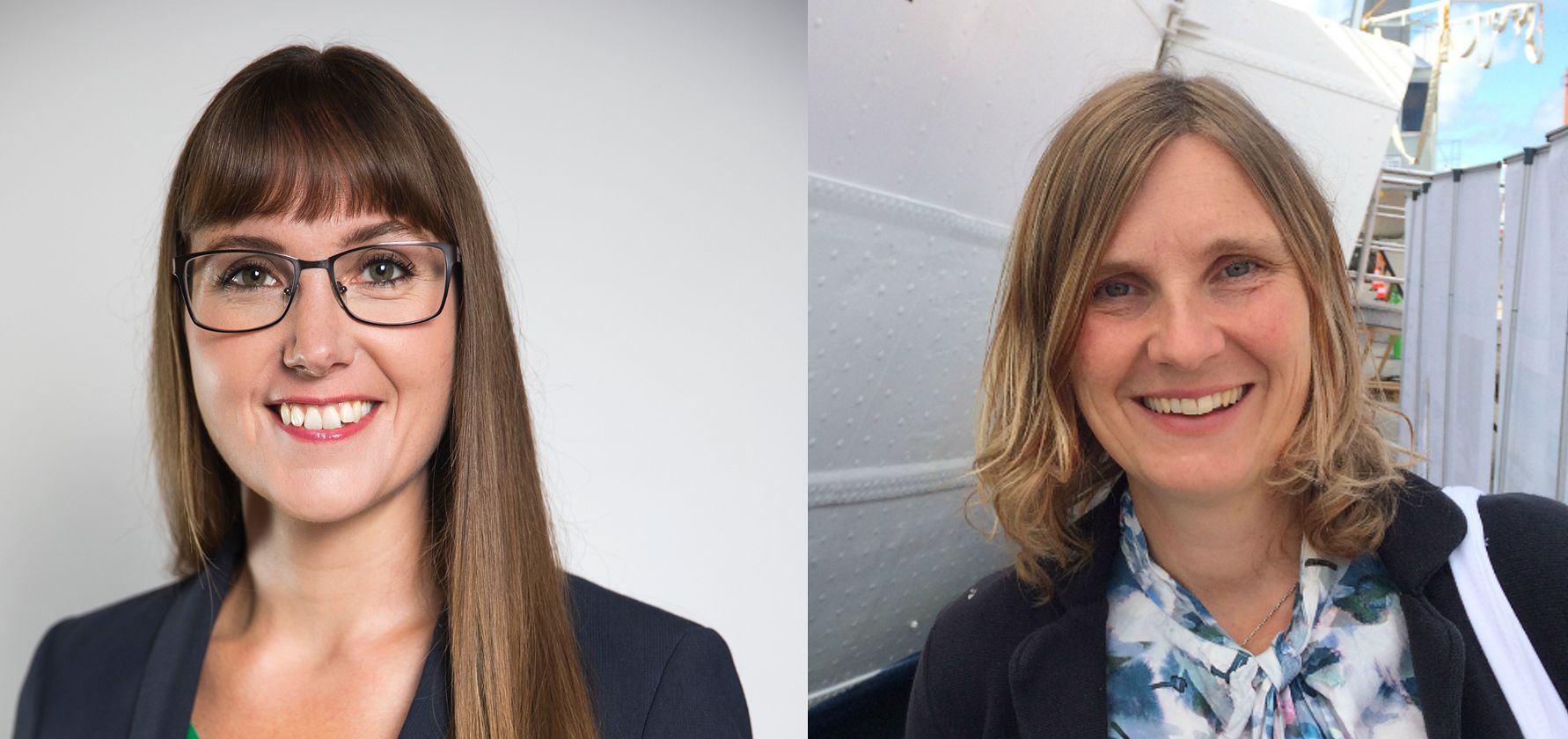 Två kvinnor i olika miljöer. Den första har långt, rakt hår och bär en mörk kavaj. Den andra har axellångt hår och bär en skjorta med mönster samt en mörkjacka, med en båt och en byggnad i bakgrunden