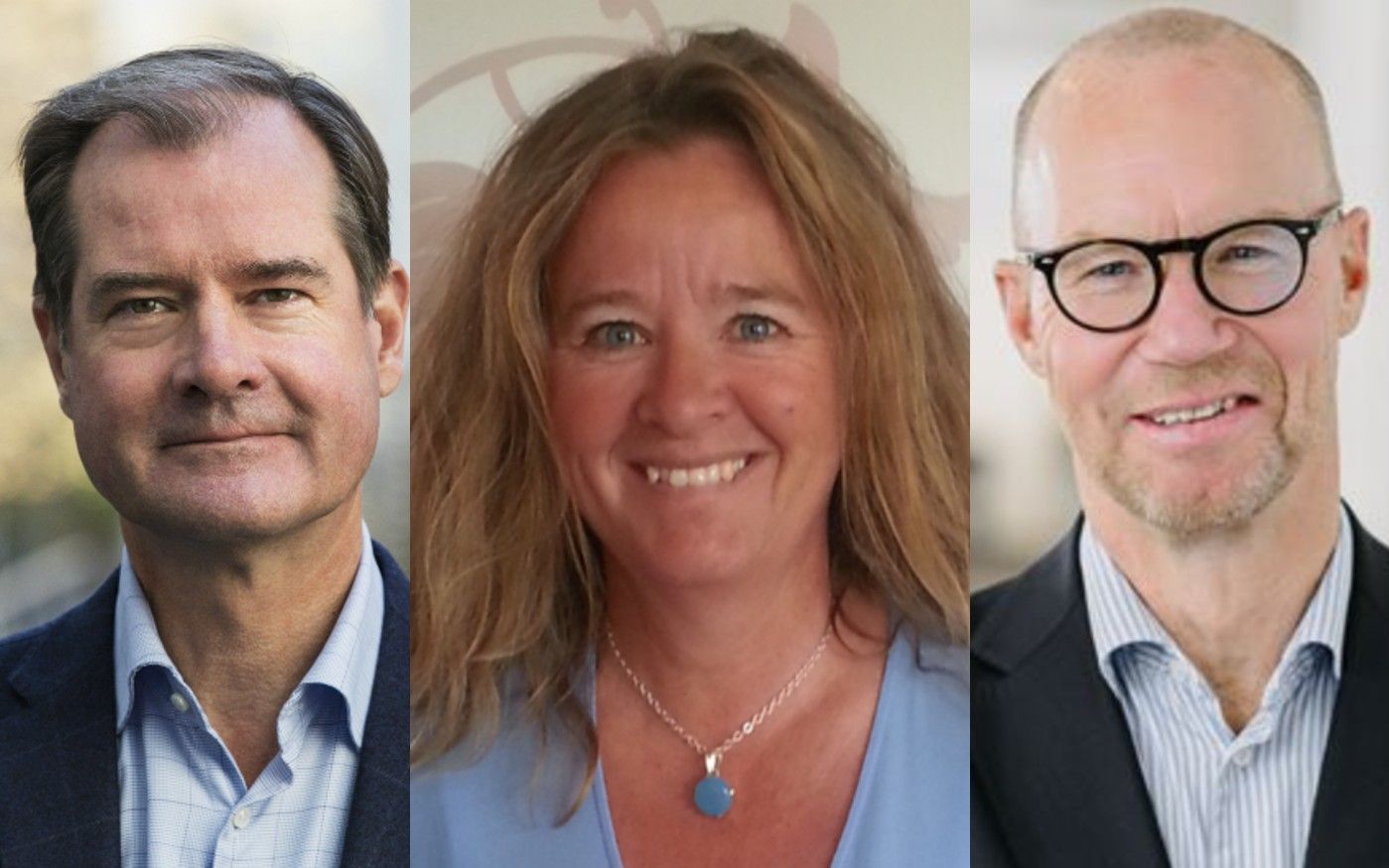 Tre personer iklädda affärskläder; två män i kostymer och en kvinna med mellanlångt hår och ett halsband