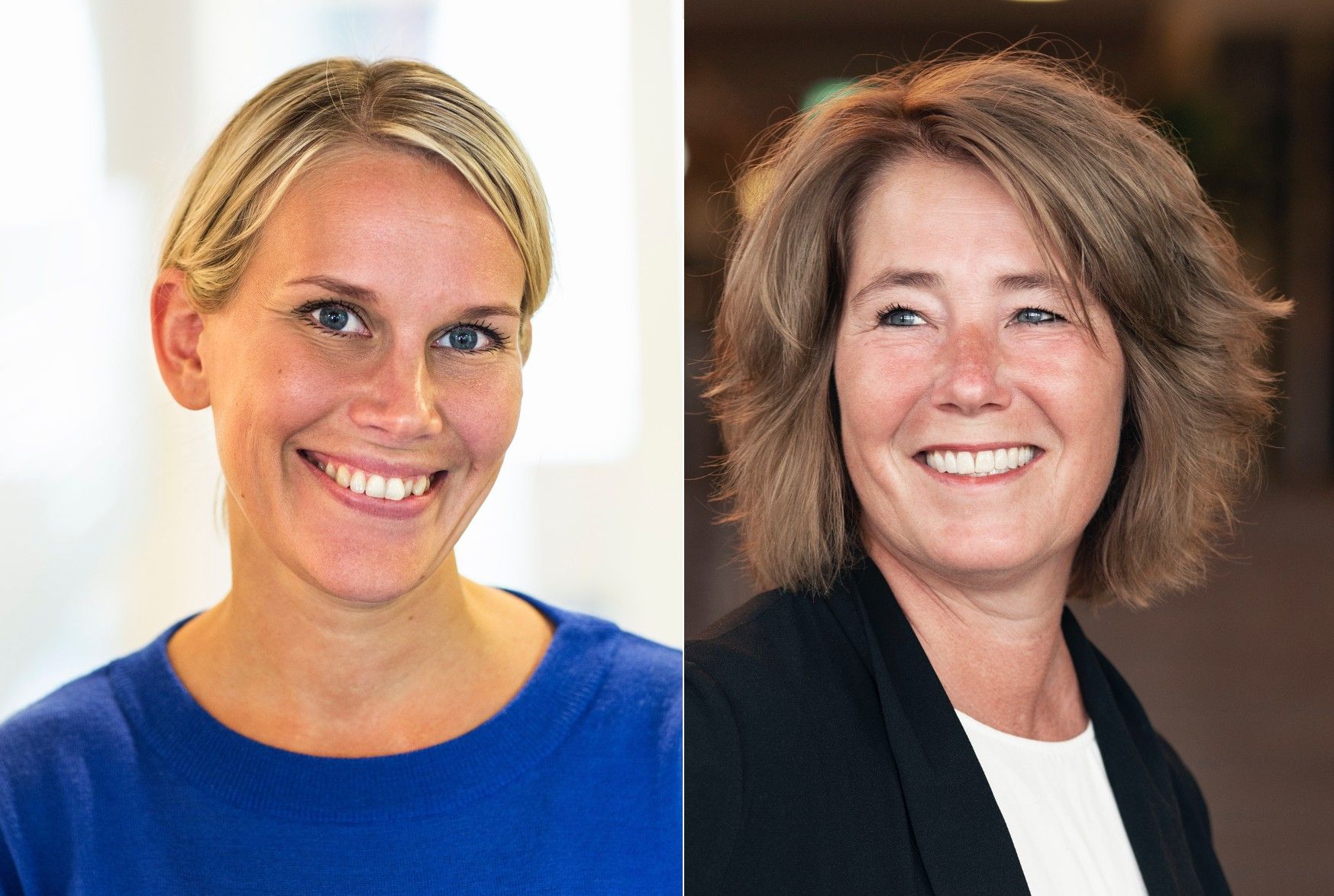 Två personer med suddiga ansikten, den ena i en blå tröja och den andra i en svart kavaj med vit topp