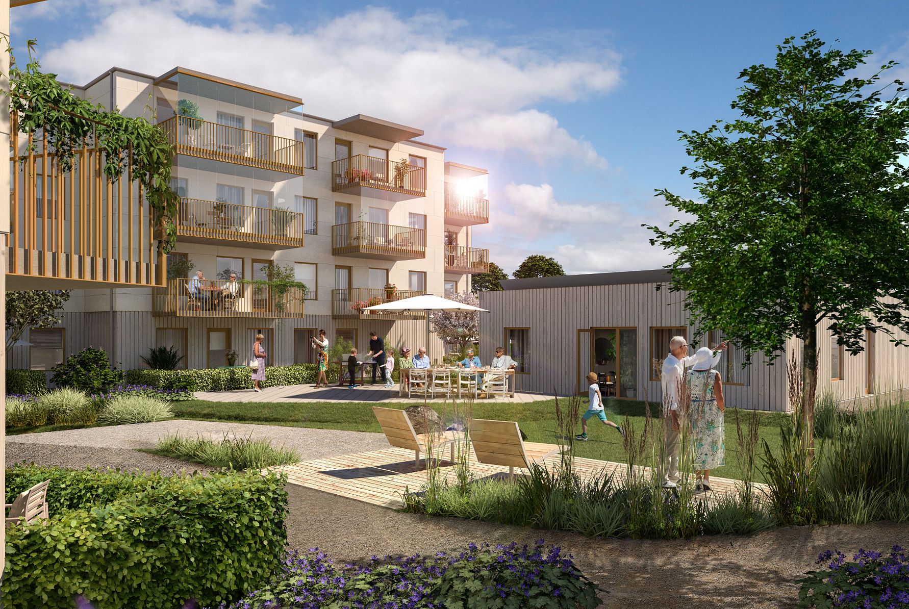 Modern bostadsområde med lägenhetsbyggnader, gröna trädgårdsytor och människor som umgås utomhus i solljus