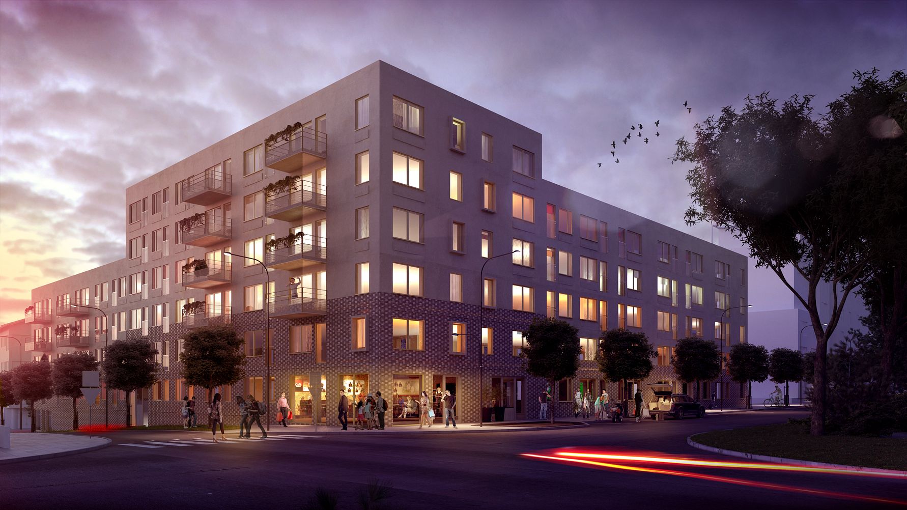 Modernt flerfamiljshus med kvällsbelysning, omgiven av träd och människor på en stadsgata