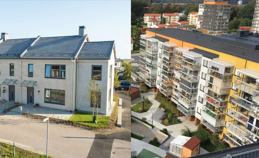 Två bostadsområden: till vänster en modern villa med grå takpannor och grönt gräs, och till höger flerfamiljshus med balkonger i ett stadsområde