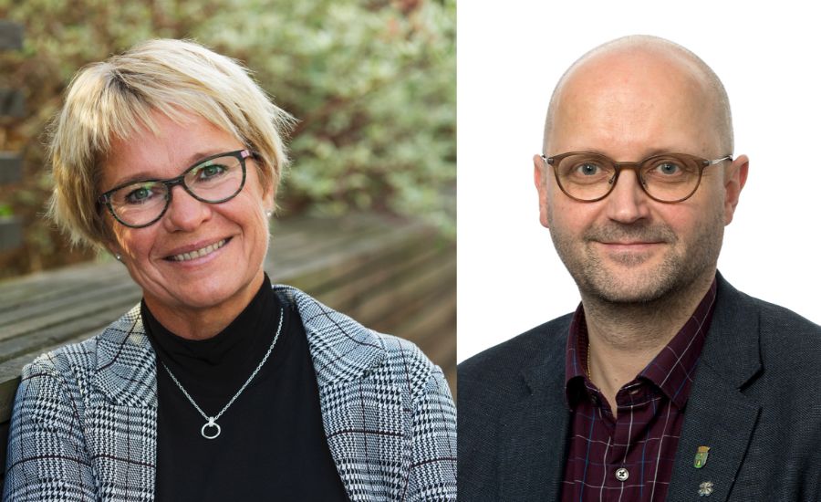 Två personer framför olika bakgrunder, en i en rutig kavaj och svart tröja utomhus, och en i en mörk kavaj och rutig skjorta framför en vit bakgrund