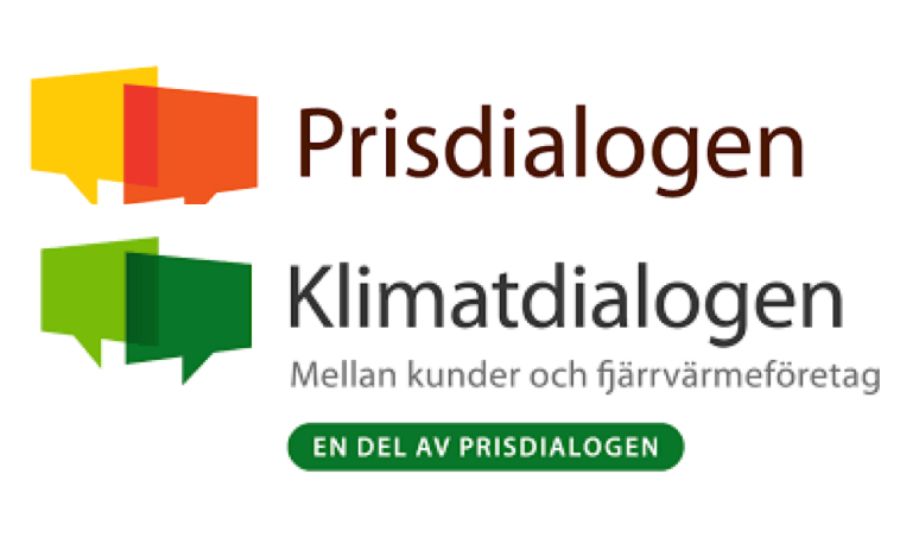 Logotyper för Prisdialogen och Klimatdialogen med texten "Mellan kunder och fjärrvärmeföretag" och en grön knapp som säger "En del av Prisdialogen