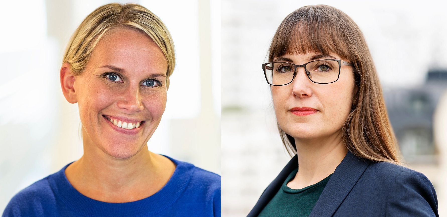 Två personer, den ena i en blå tröja och den andra i en mörk kavaj och grön topp, stående framför en suddig bakgrund