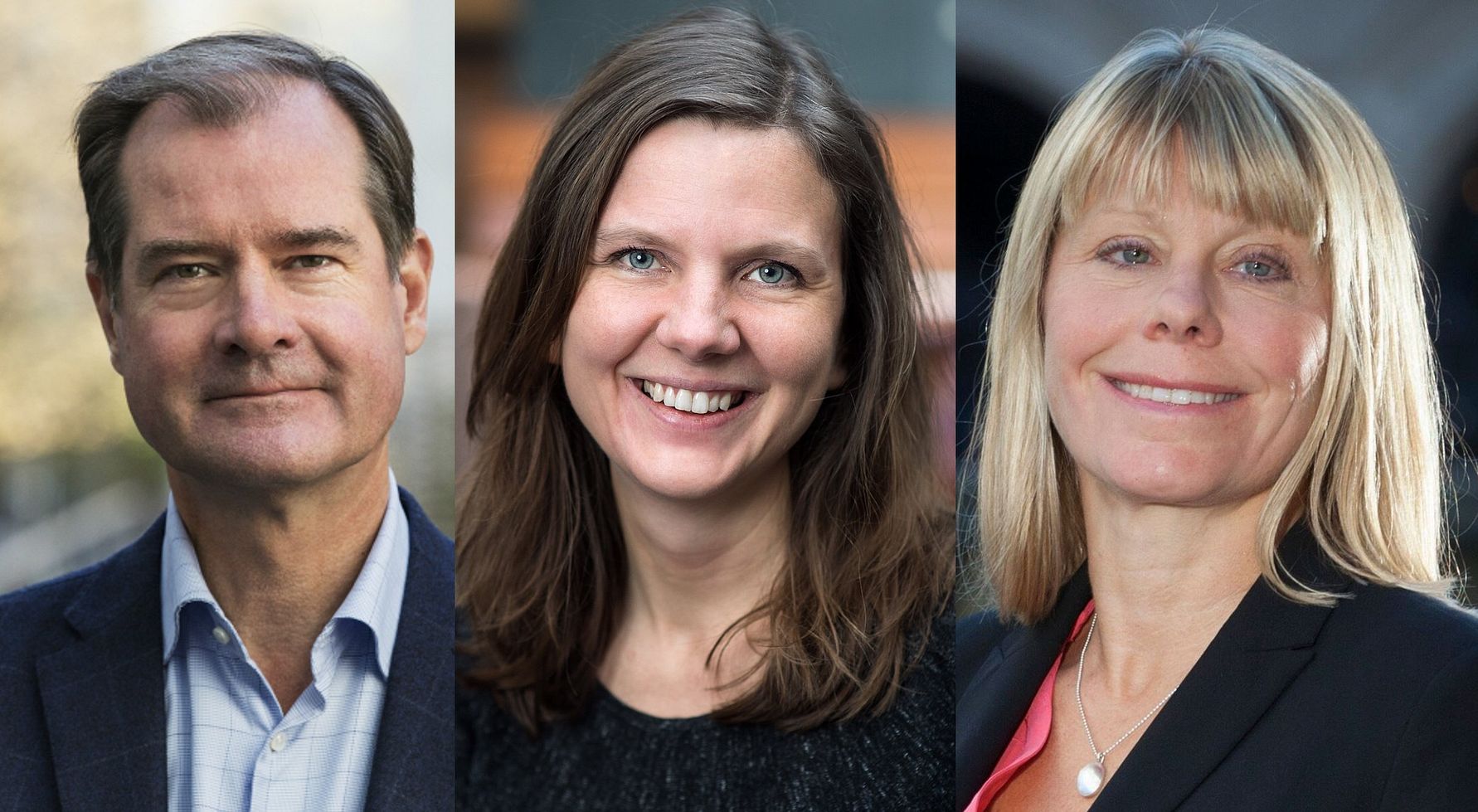 Tre personer i formella kläder står utomhus; en man i kostym till vänster, en kvinna med mörkt hår och svart tröja i mitten, och en kvinna med ljust hår och kavaj till höger