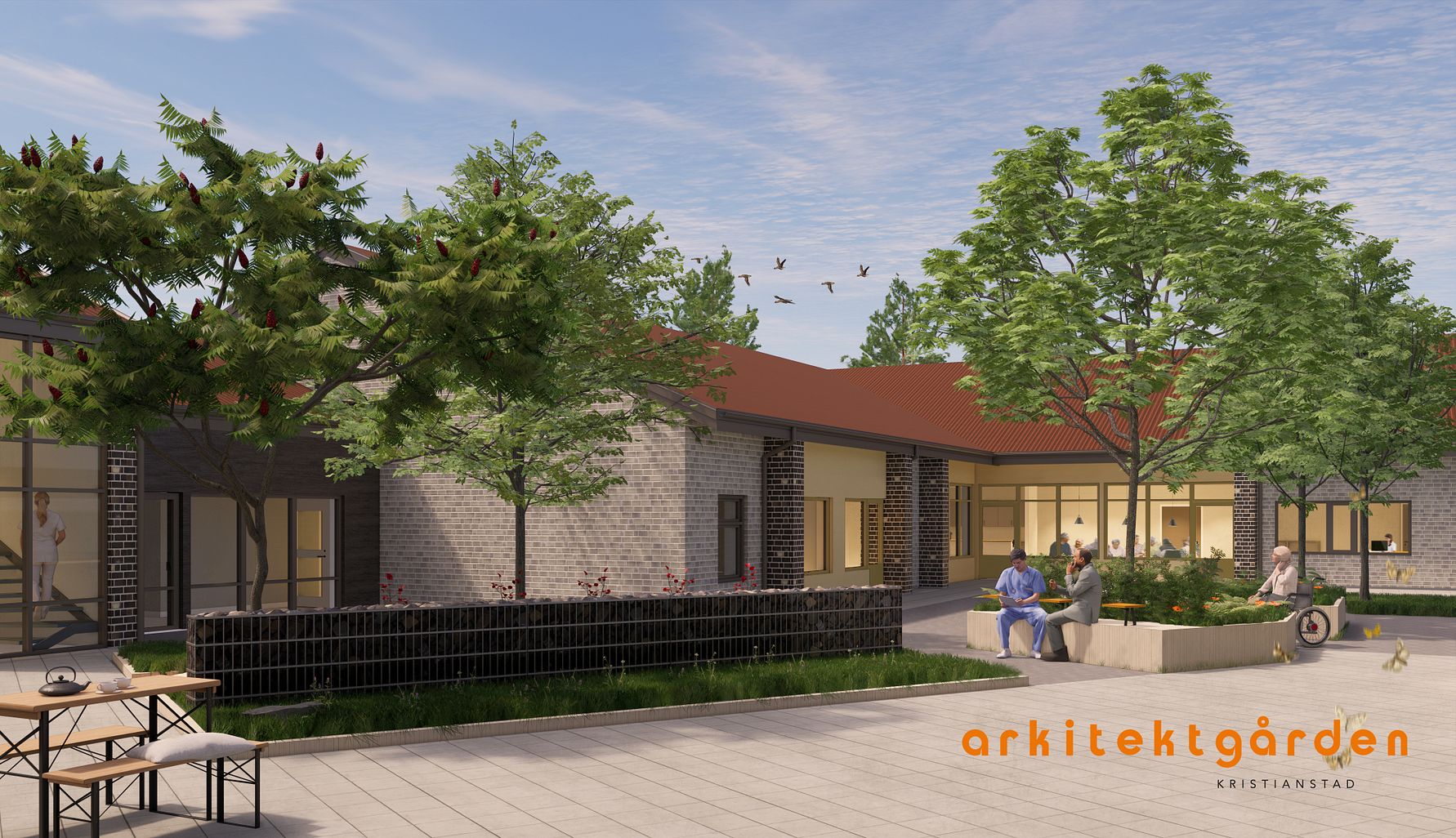 Utomhusmiljö med moderna byggnader, träd och en planteringsyta. Människor sitter på bänkar och bord i en öppning med ett tegelhus i bakgrunden