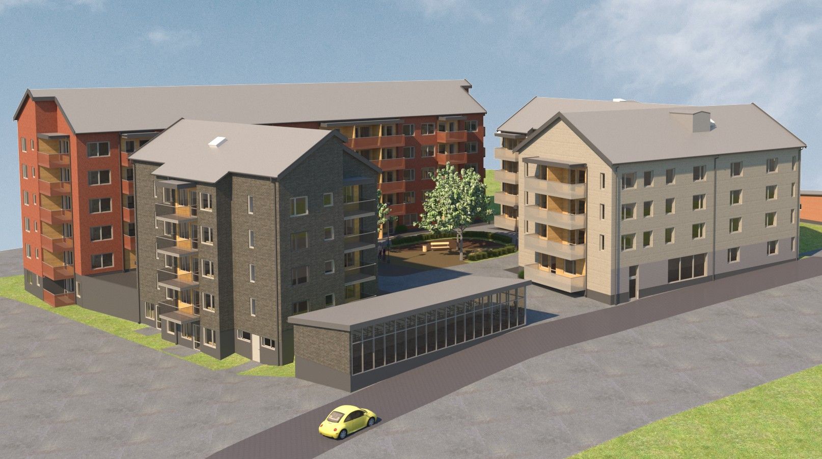 Illustration av ett bostadsområde med flera flerfamiljshus, en innergård med träd och en gul bil parkerad på en asfalterad väg