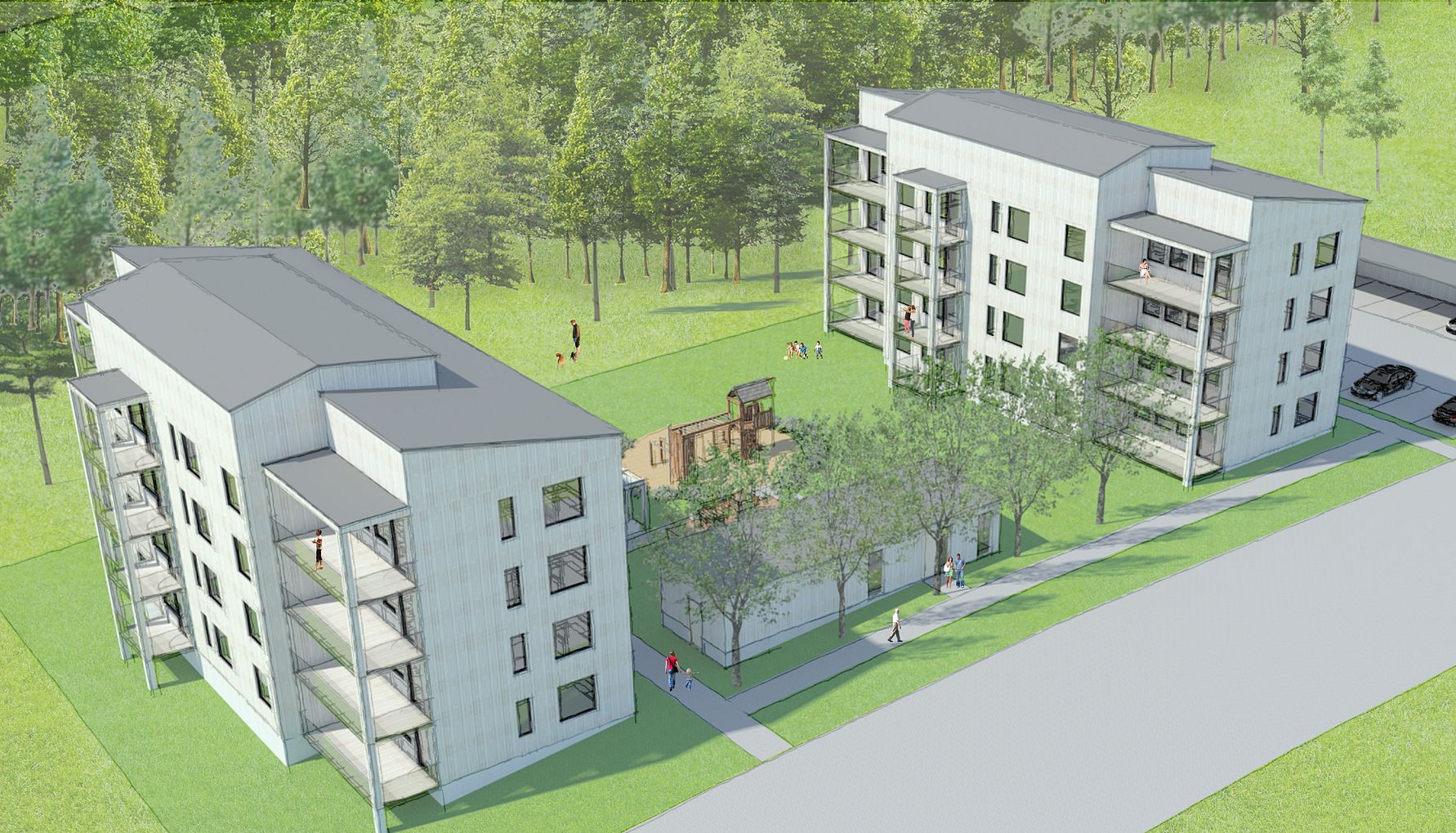 Illustration av moderna flerfamiljshus i ett grönskande område med park och lekplats