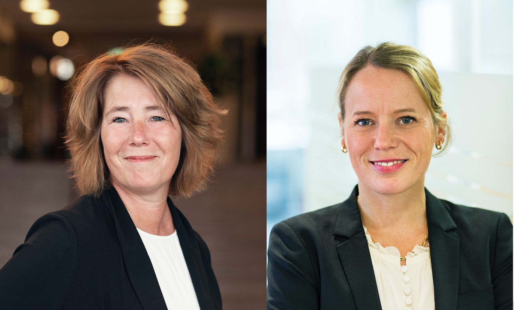 Två kvinnor iklädda svarta kavajer och vita blusar i olika bakgrunder; den ena med en suddig inomhusmiljö och den andra framför ett glasfönster