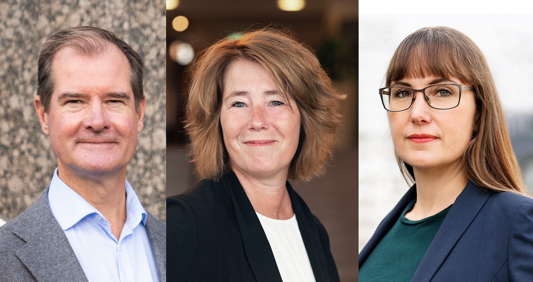 Tre personer i professionella kläder, en i kostym och skjorta, en i en svart kavaj, och en i en grön kavaj med glasögon, fotograferade framför varierande bakgrunder