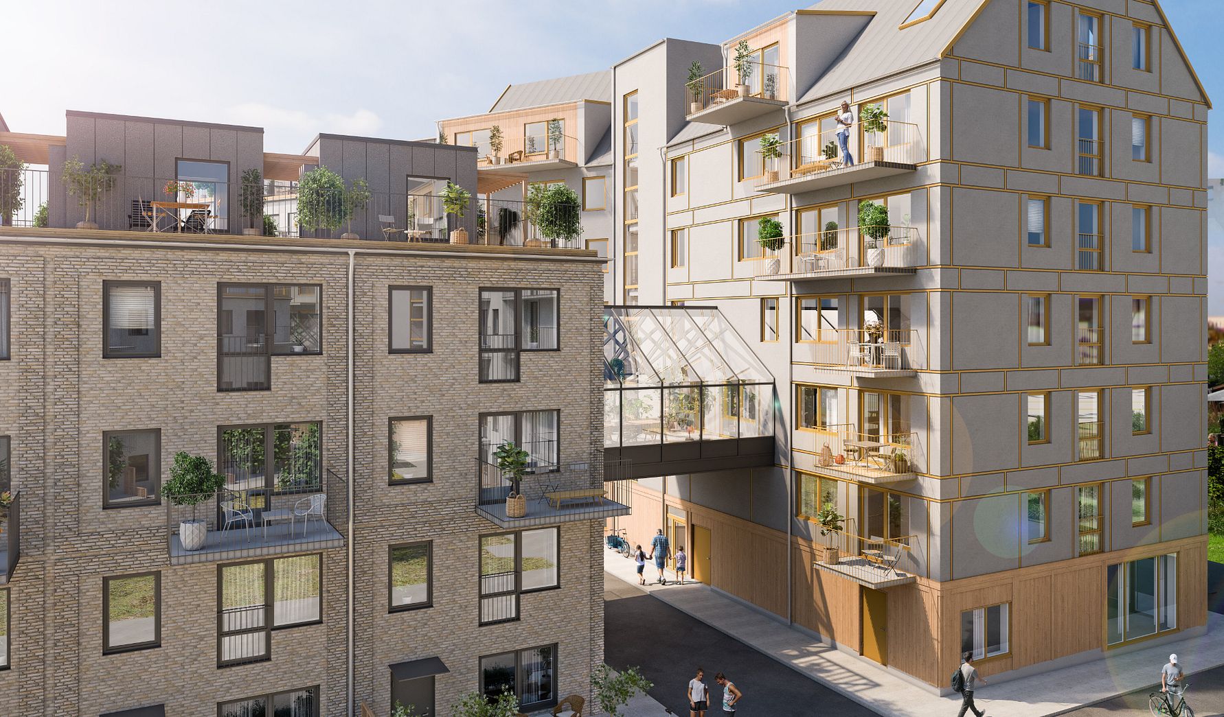 Flerbostadshus med modern arkitektur, tegel och träfasader, balkonger med växter samt en glasbro som förbinder byggnaderna