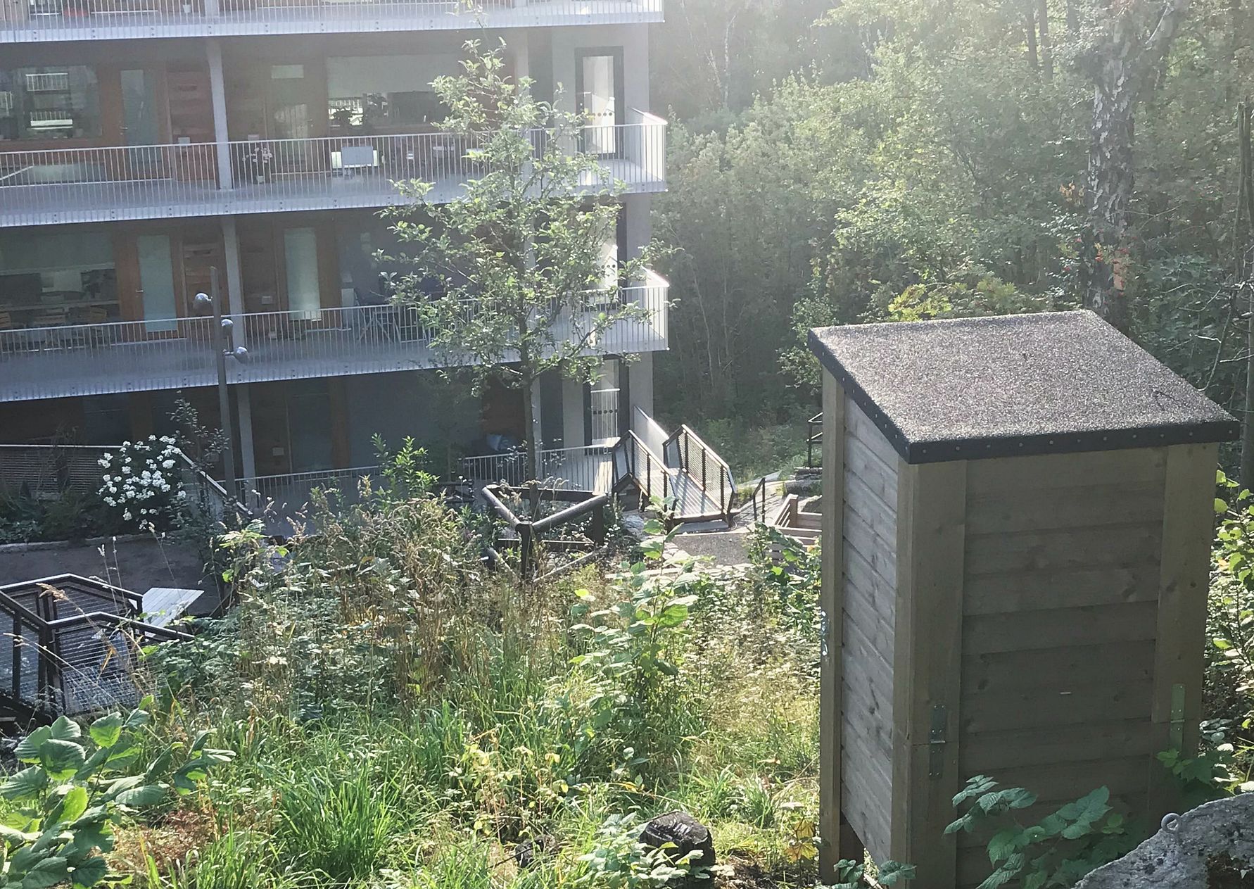 Byggnad med flera våningar omgiven av grönska och ett träd, med ett litet träskjul i förgrunden