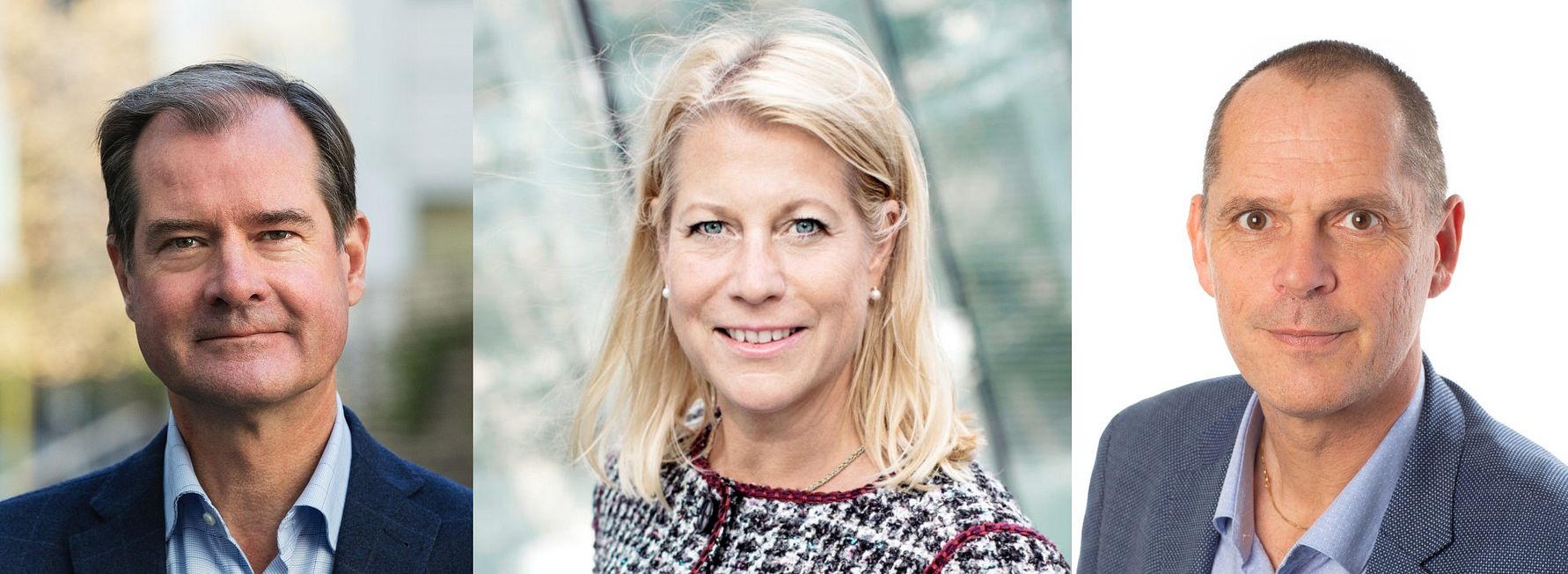 Tre personer i professionell klädsel visas framför olika bakgrunder; en utomhus med träd, en med en glasstruktur och en med en vit bakgrund