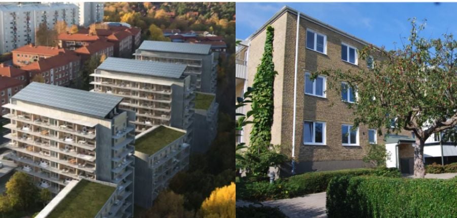 Moderna flerfamiljshus med solpaneler på taket och grönområden, bredvid ett äldre bostadshus med tegelfasad och trädgård