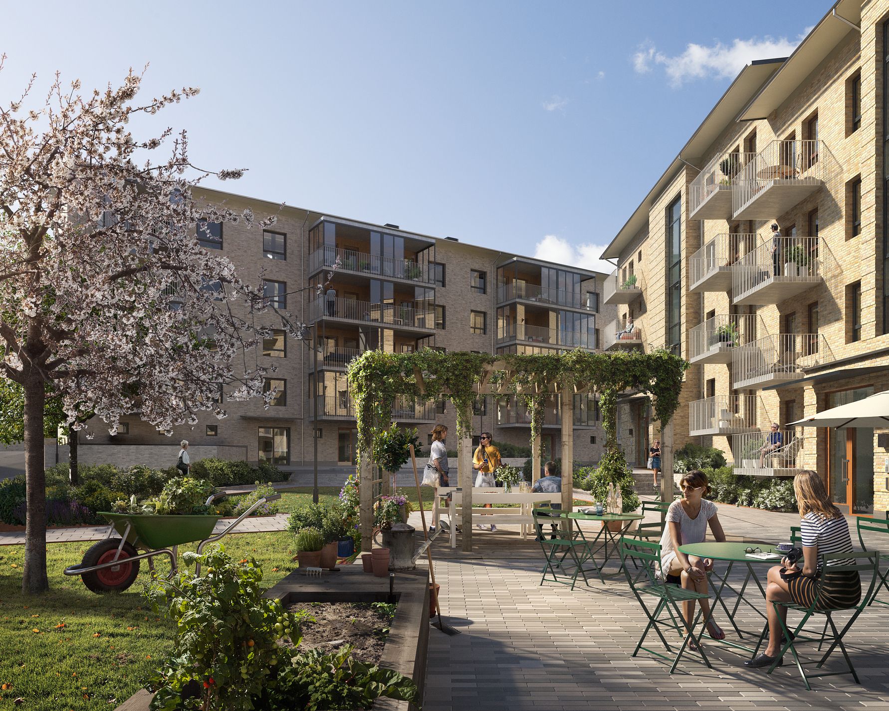Bostadsgård med moderna lägenhetsbyggnader, grönskande träd och pergola, där människor sitter vid bord och socialiserar i soligt väder