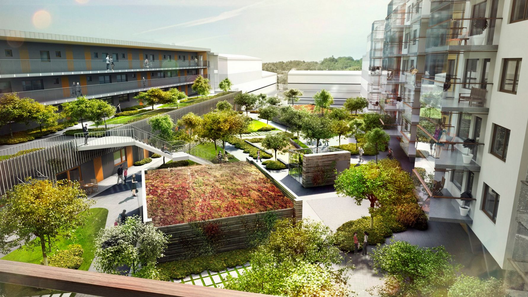 Modern bostadsområde med grönskande innergård, omgiven av flerfamiljshus och trädäckade gångvägar