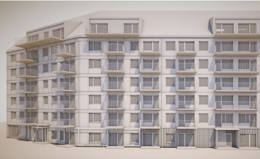 Byggnadsmodell av ett flerfamiljshus med flera våningar, balkonger och fönster, sett i dagsljus