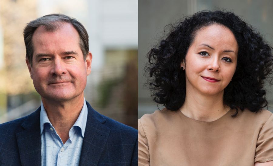 Man i blå kavaj och ljusblå skjorta bredvid kvinna i beige tröja med lockigt mörkt hår, båda fotograferade utomhus med suddig bakgrund