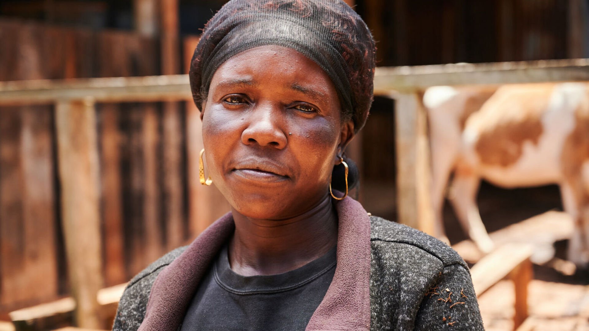 Porträtt av en kvinna med huvudduk, stående utomhus med en ko i bakgrunden