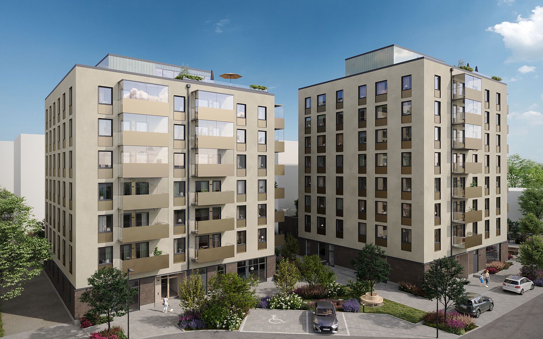 Modern flerfamiljshus med balkonger, stora fönster och gröna omgivningar under en klarblå himmel