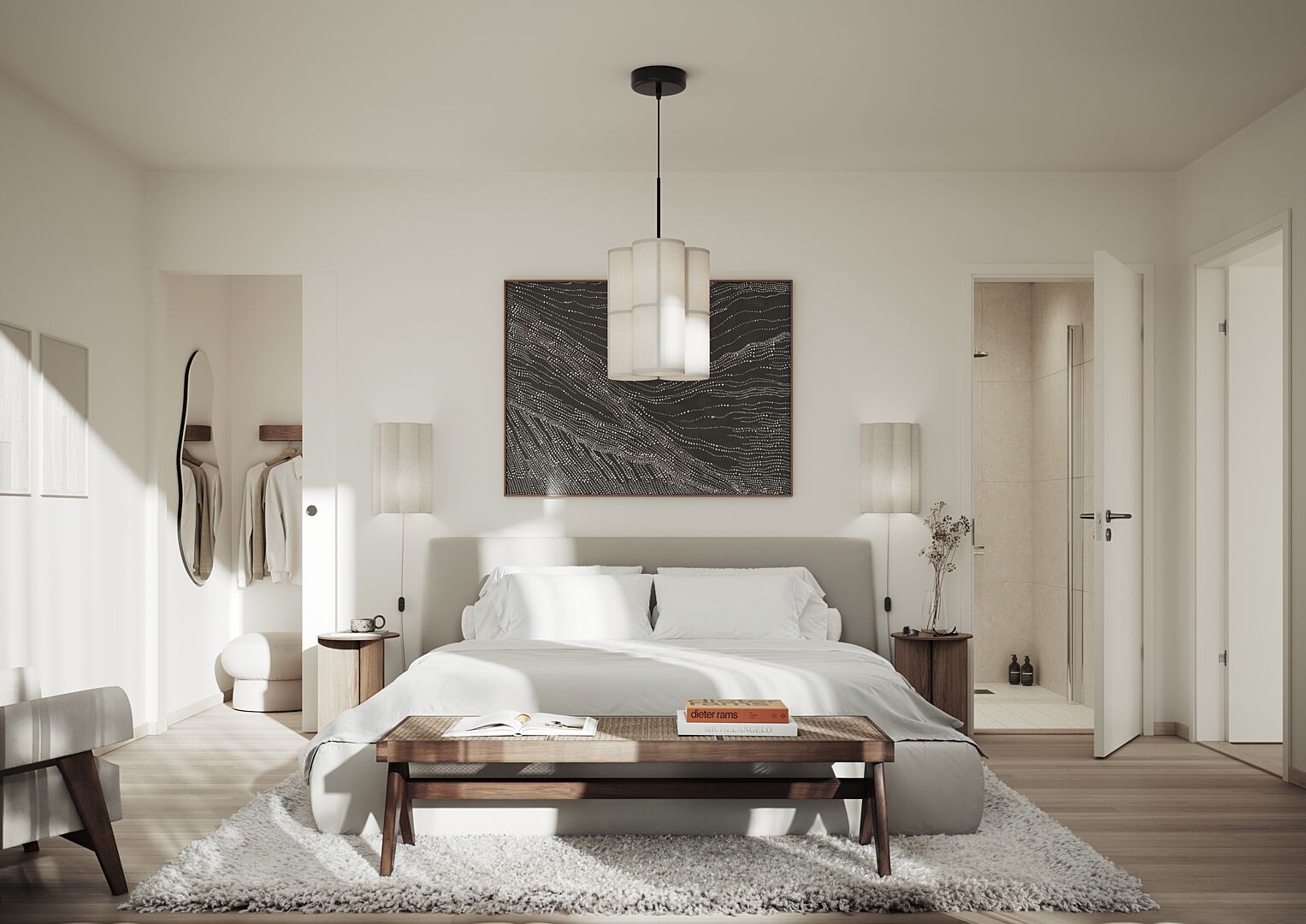Modernt sovrum med ljus inredning, en stor dubbelsäng med vita sängkläder, en träbänk vid fotändan, och en matta på golvet. Väggarna är vita och dekorerade med en stor konsttavla ovanför sängen