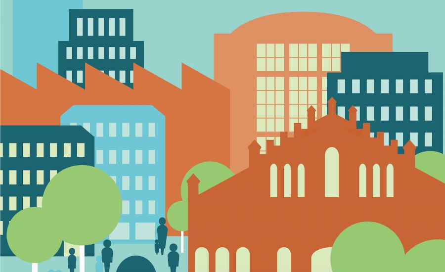 Illustration av stadsmiljö med färgglada byggnader, träd och silhuetter av människor