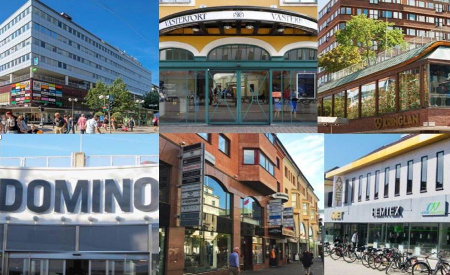 Collage av byggnader och affärscentrum i en stadsmiljö med skyltar, ingångar och verksamheter