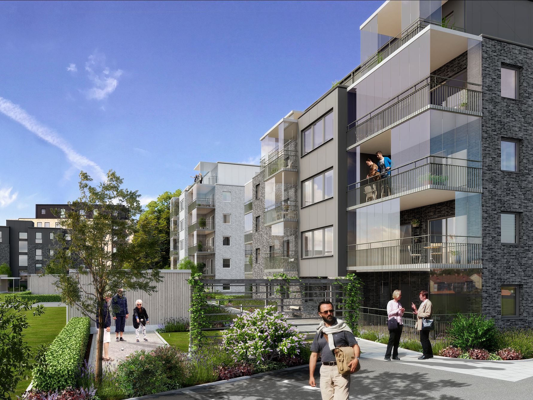 Modernt bostadsområde med flerfamiljshus, grönskande trädgårdar och människor som vistas utomhus på gångvägar och balkonger