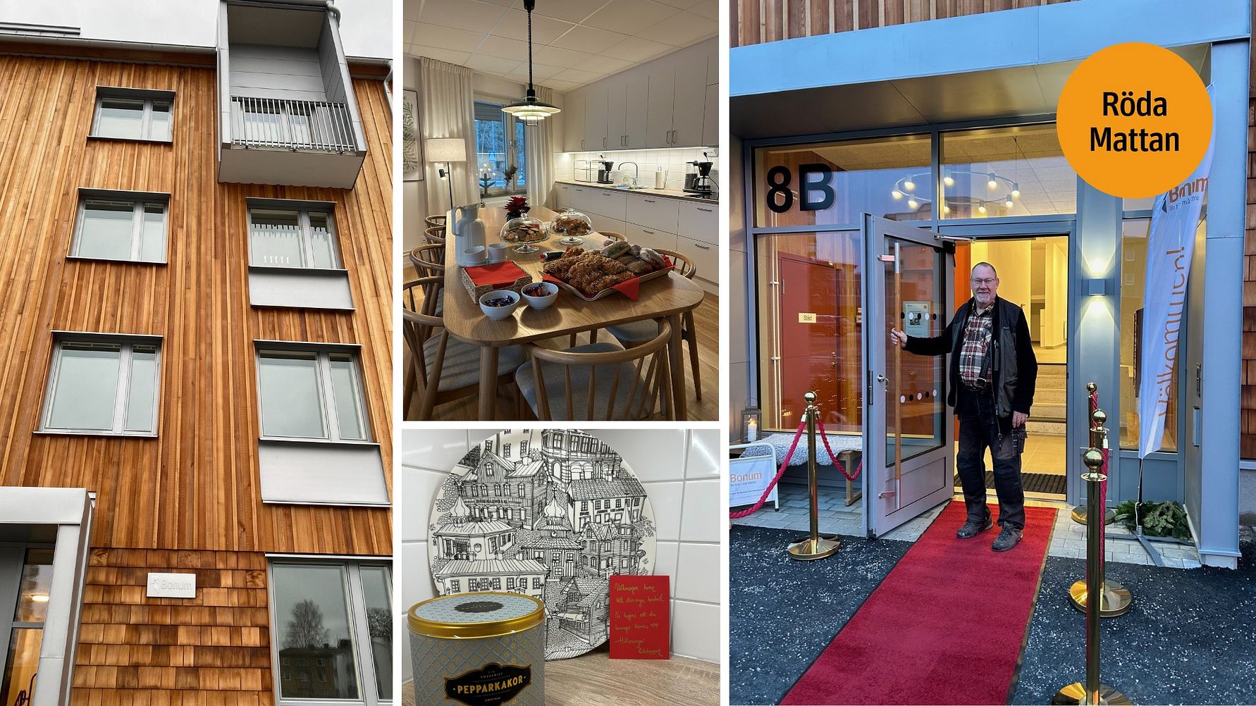 Flerbostadshus i trä, dukat matbord i ett kök, konservburk med sill och illustration i svartvitt samt en entré med röd matta och en person som håller upp dörren