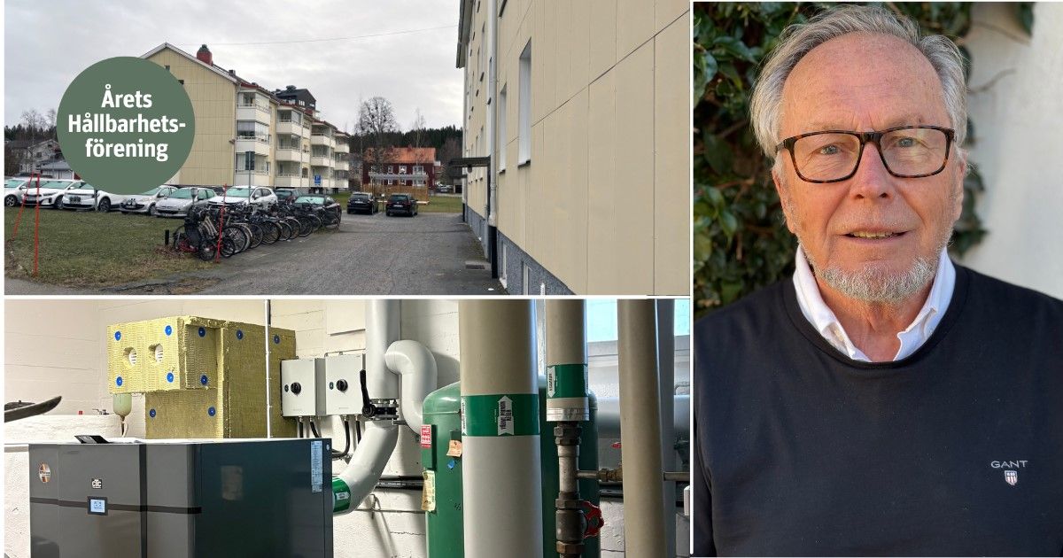 Flerbildskollage som visar en bostadsbyggnad med parkerade cyklar, en skylt med texten "Årets Hållbarhetsförening", en teknisk installation med rör och utrustning samt en person i mörk tröja utomhus