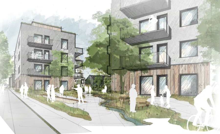 Illustration av moderna flerfamiljshus med träfasader, balkonger och omgivande grönområden. Människor promenerar längs en gångväg nära en liten vattenström