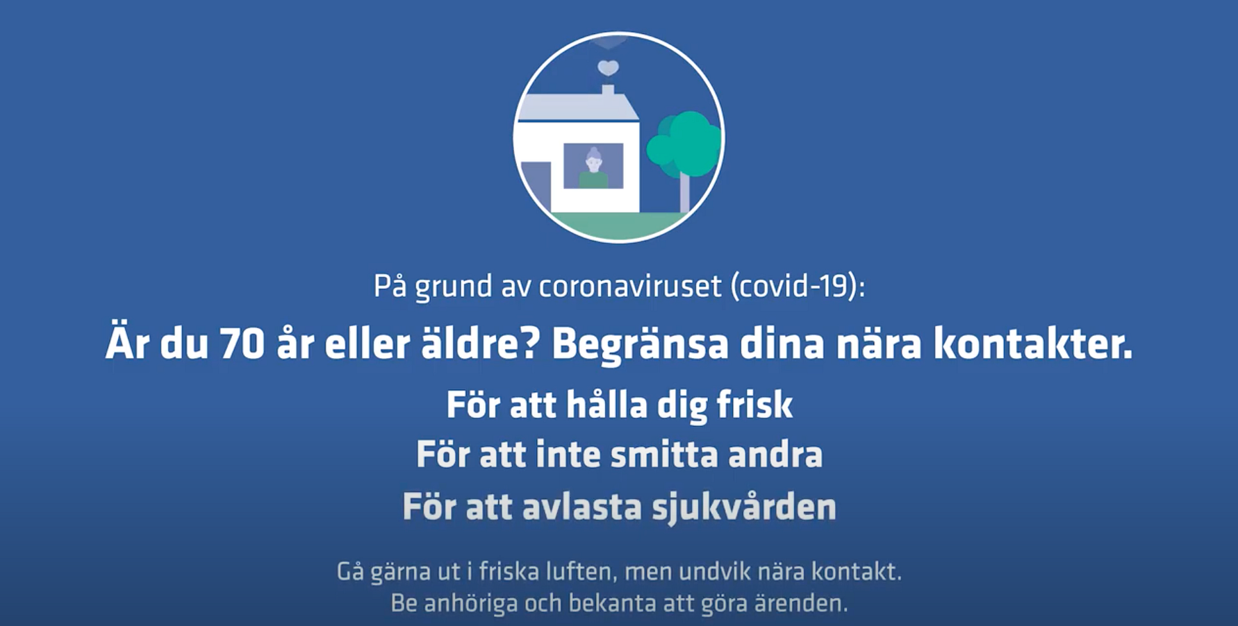 Blå bakgrund med text som uppmanar personer över 70 år att begränsa sina nära kontakter på grund av coronaviruset, följt av en illustration av ett hus med ett hjärta och träd