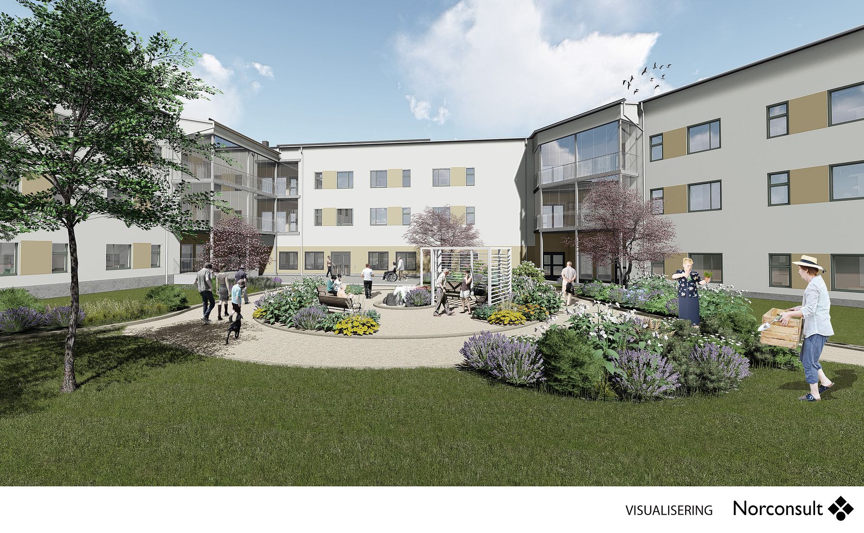 Illustration av en modern bostadsbyggnad med tre våningar, omgivande trädgård med gångvägar, växter och sittplatser. Människor ses njuta av utomhusmiljön